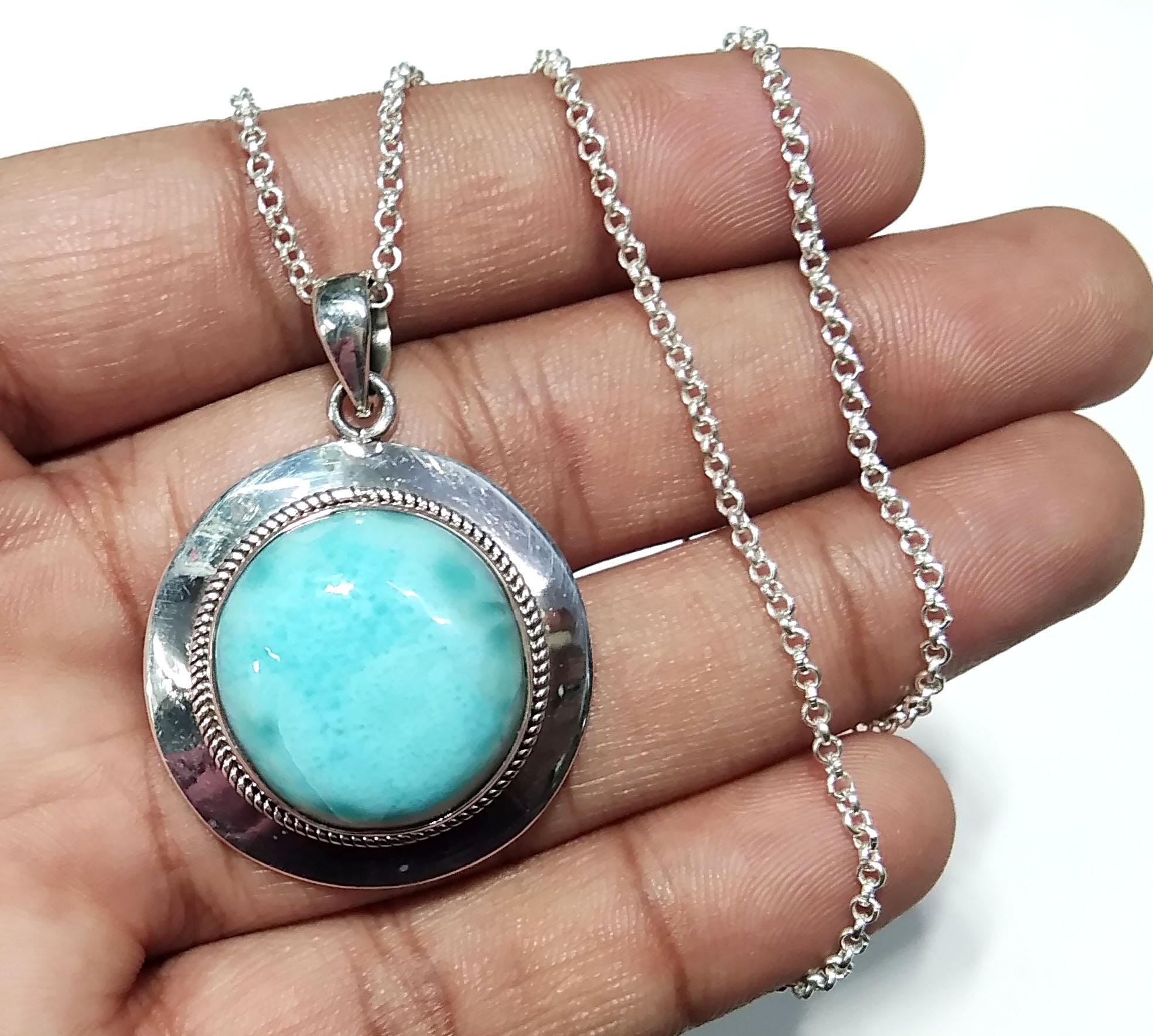 Larimar Chain Pendant Necklace, 925 Sterling Silver Pendant, Silver Designer Handmade Pendant, Marbled Round Shape Larimar Gemstone Pendant